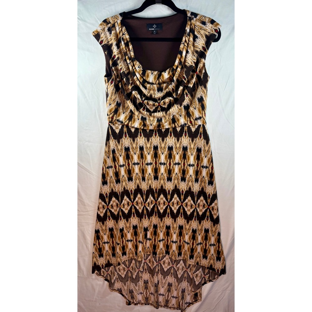 Ronni Nicole Brown Geometric Ikat Cowl Neck High Low Sleeveless Dress Sz 8